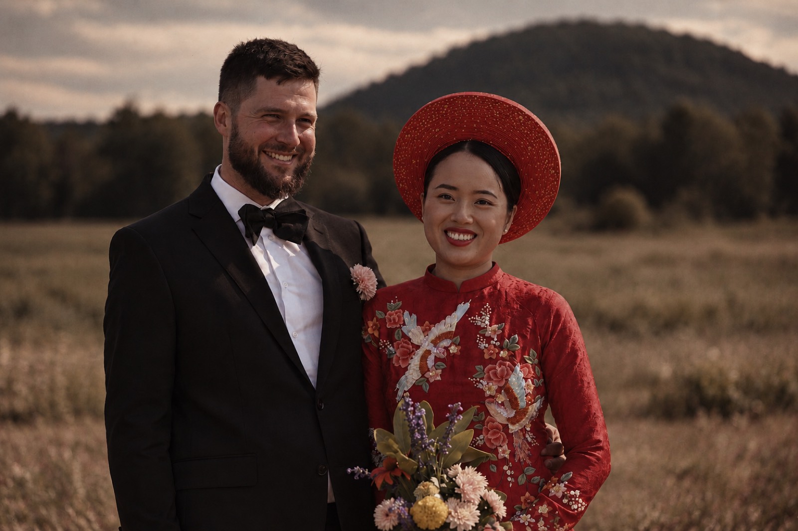 Thu and Simon pose in the meadow in Rougemont, Quebec