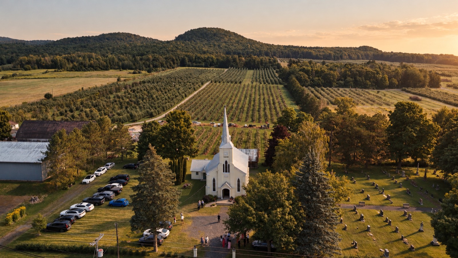The orchard church at sunset in Rougemont, Quebec