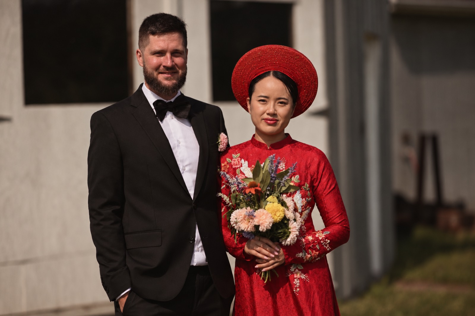 A rustic portrait of Thu and Simon in Rougemont, Quebec