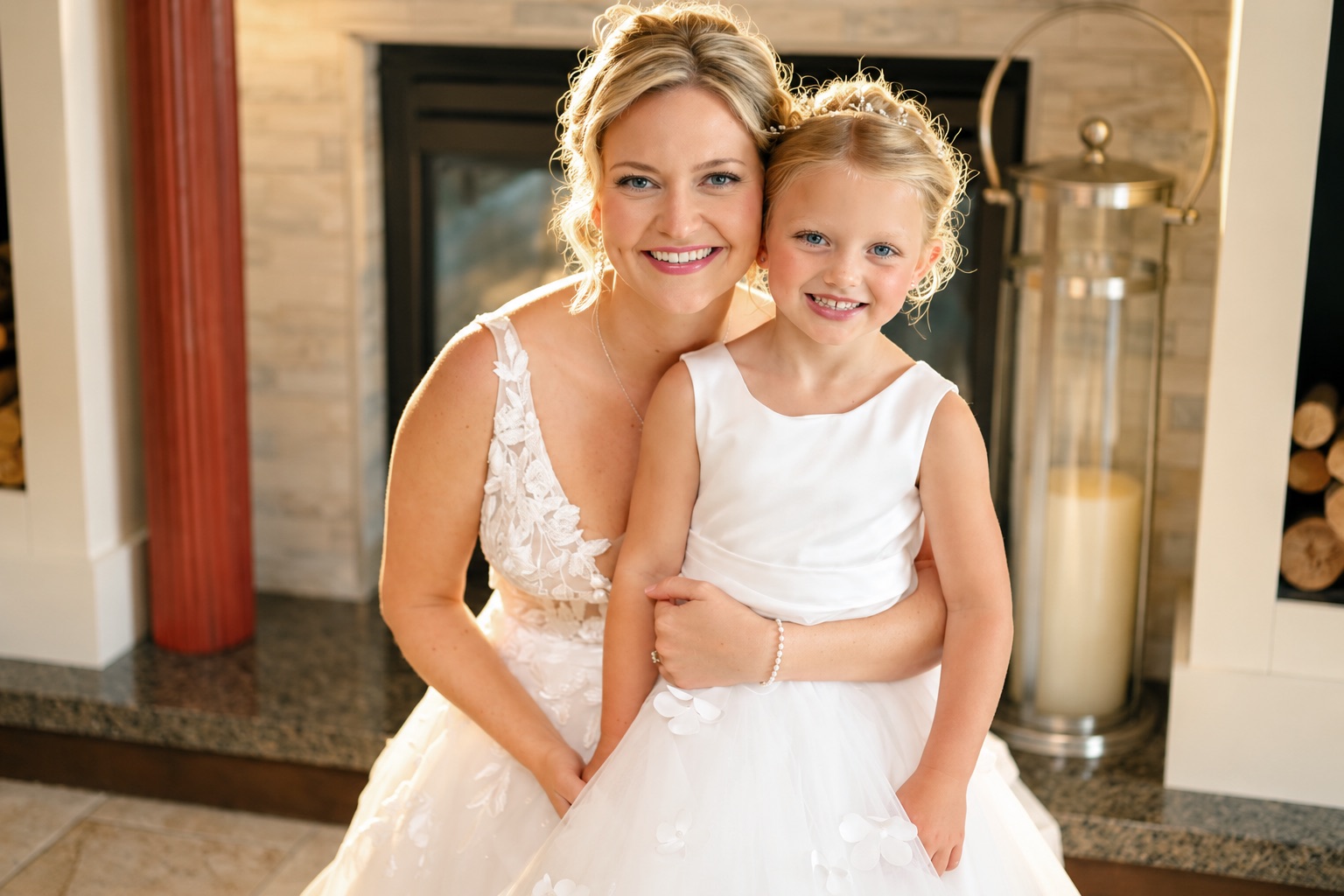 Jaci and a flower girl by the fireplace in Watertown, Upstate New York