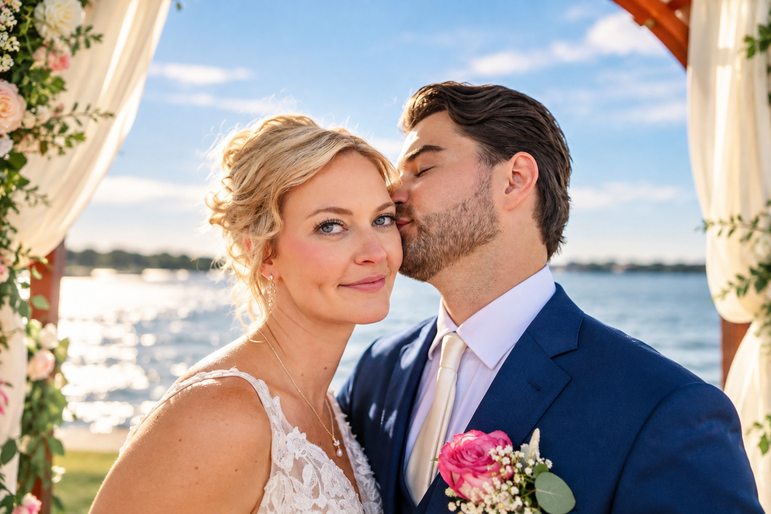 Jaci and Vincent share a cheek kiss by the river in the Thousand Islands, Upstate New York
