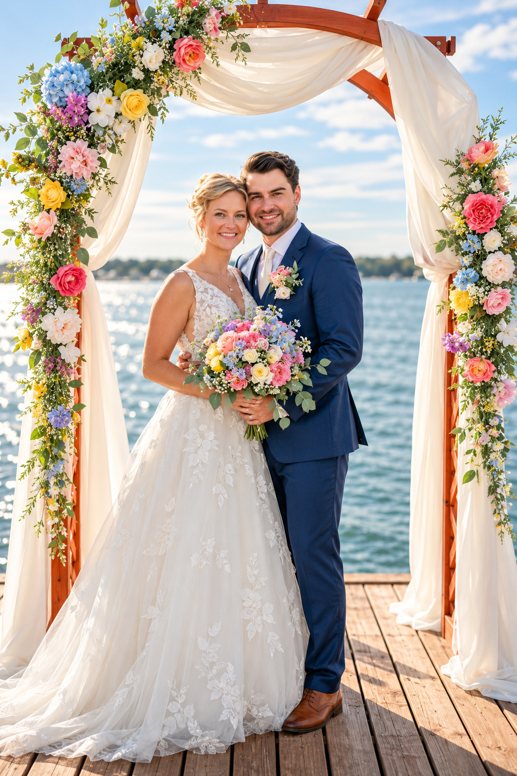 Jaci and Vincent under the floral arbor on the dock in Watertown, Upstate New York
