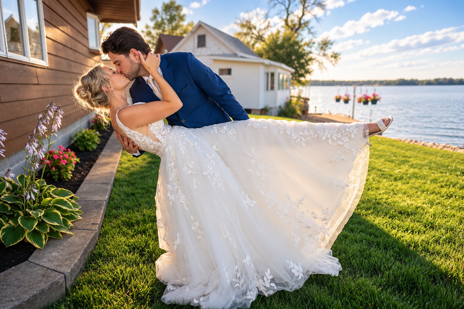 A close golden-hour kiss by the lake in Watertown, Upstate New York