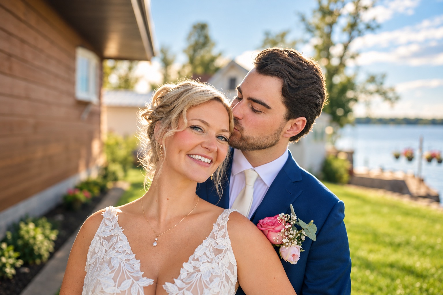 Jaci and Vincent kiss at golden hour by the lake in Watertown, Upstate New York