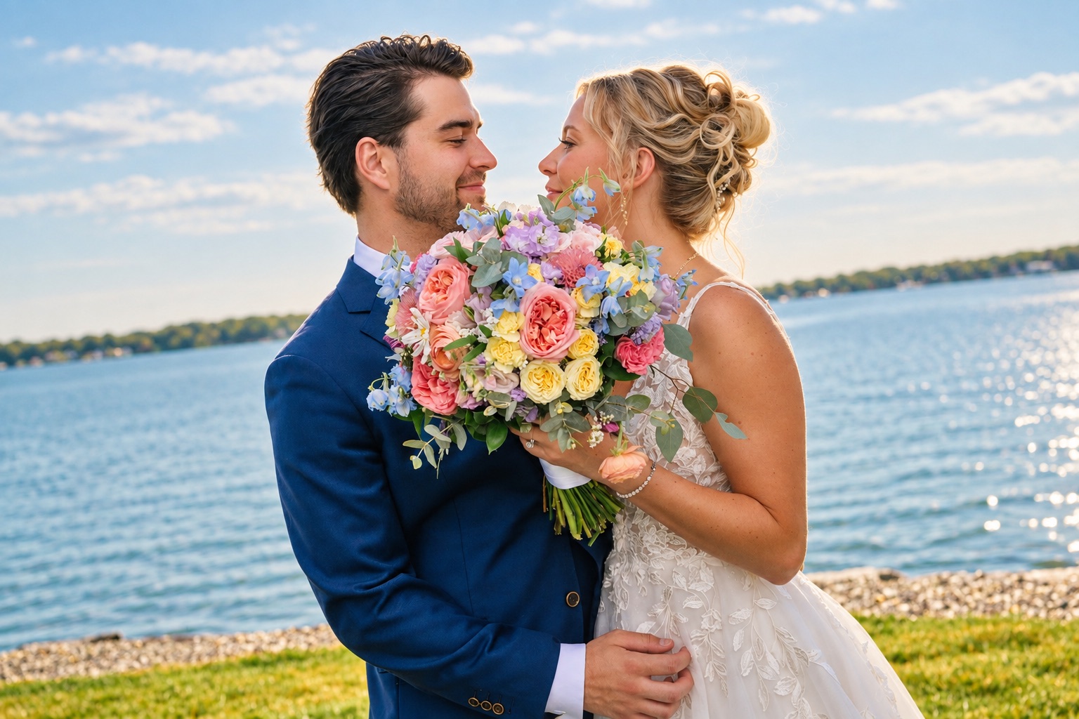 Jaci and Vincent in a golden-hour portrait by the river in Watertown, Upstate New York