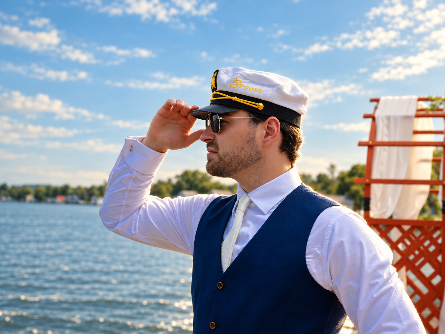 Vincent in a captain's hat by the water in the Thousand Islands, Upstate New York