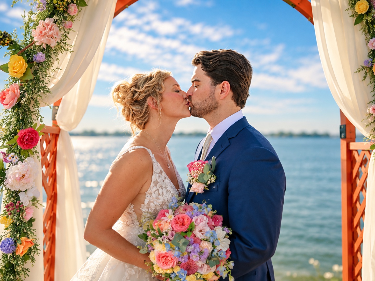 Jaci and Vincent kiss under the floral arbor in the Thousand Islands, Upstate New York