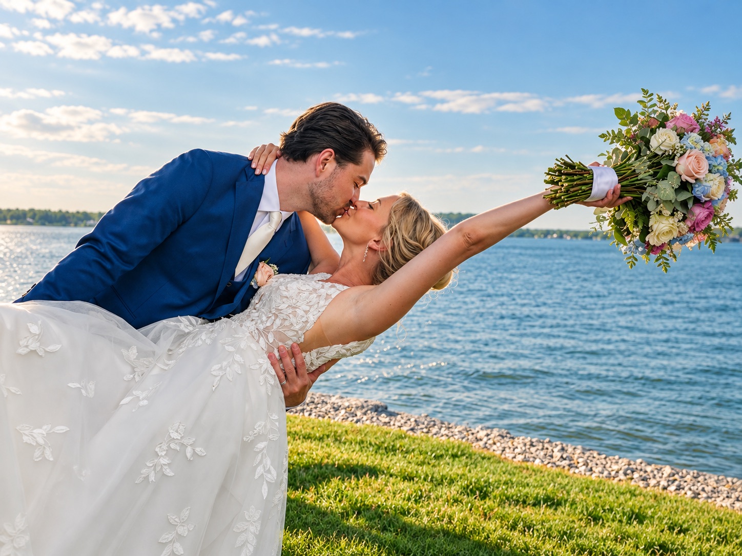 Jaci and Vincent share a lakeside dip kiss in Watertown, Upstate New York