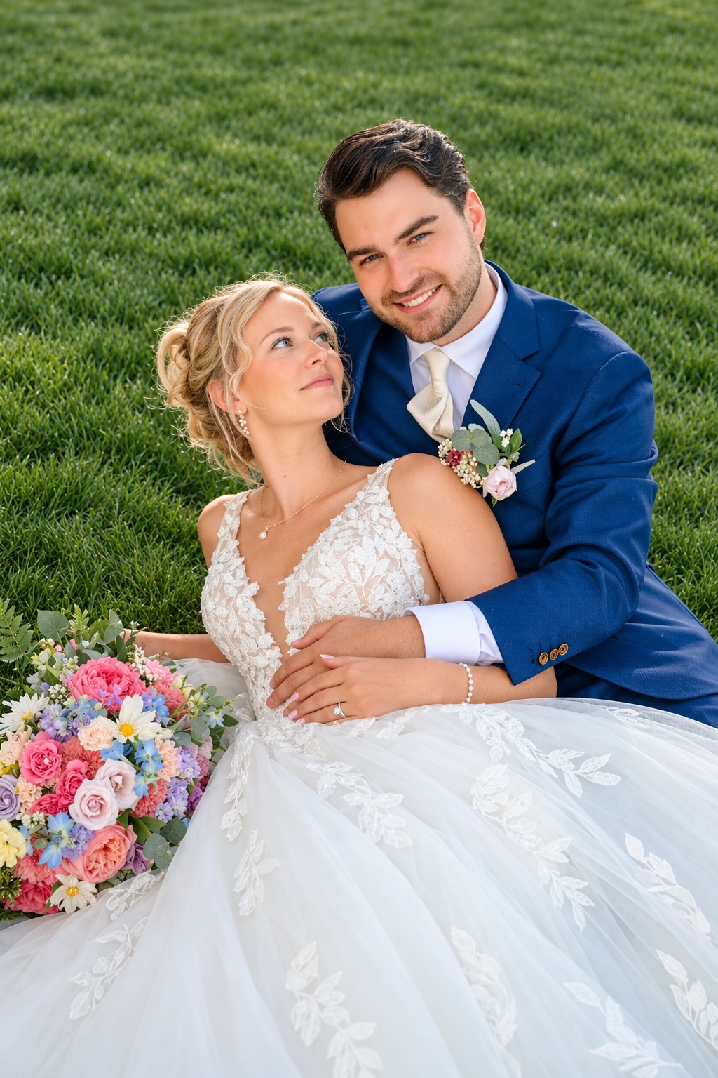 Jaci and Vincent in a newlywed portrait on the lawn in Watertown, Upstate New York