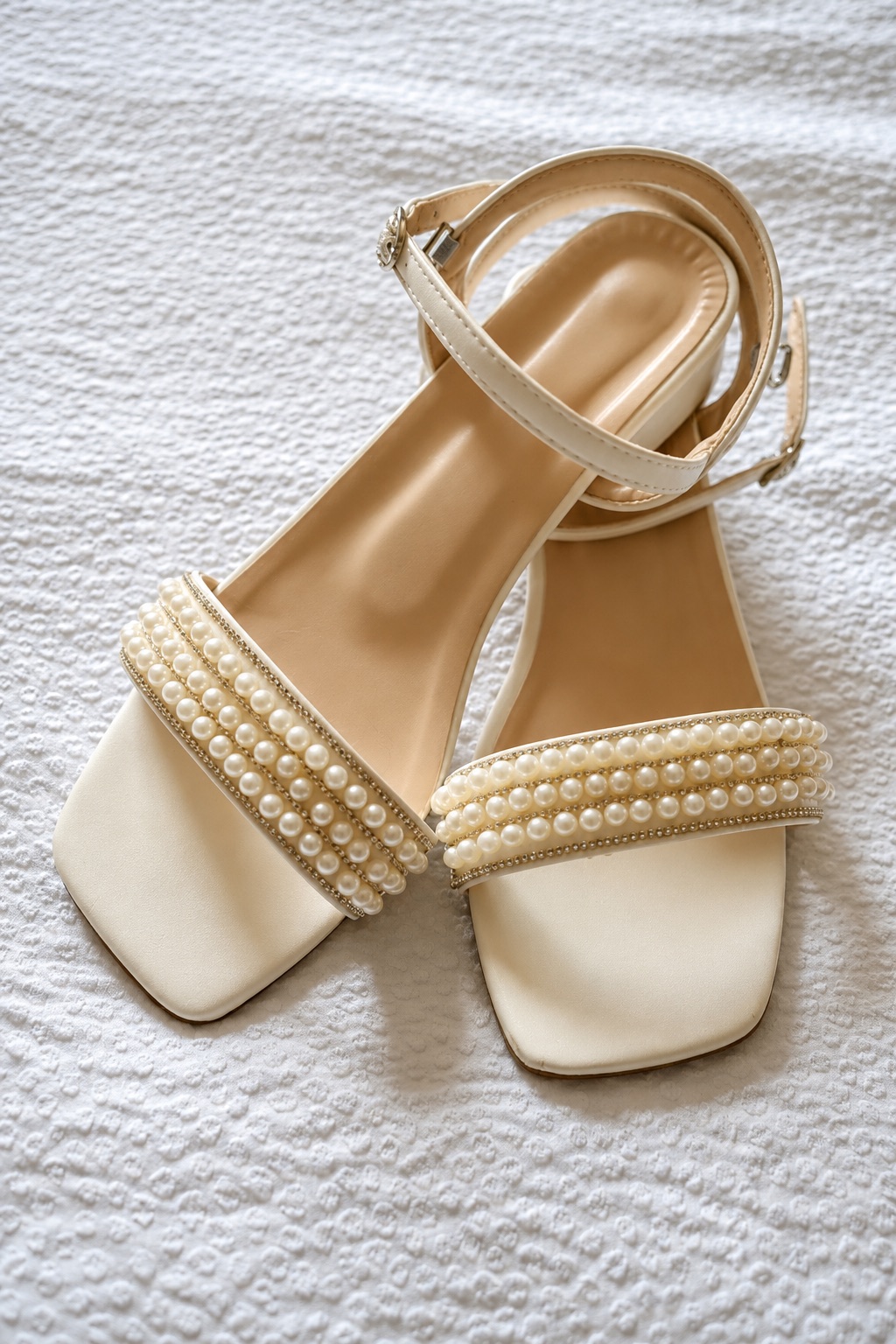 Pearl bridal sandals during getting ready in Watertown, Upstate New York