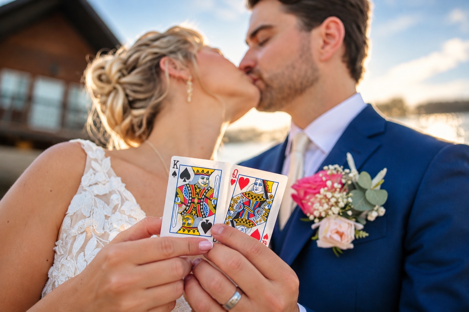 Jaci and Vincent hold playing cards by the waterfront in Watertown, Upstate New York