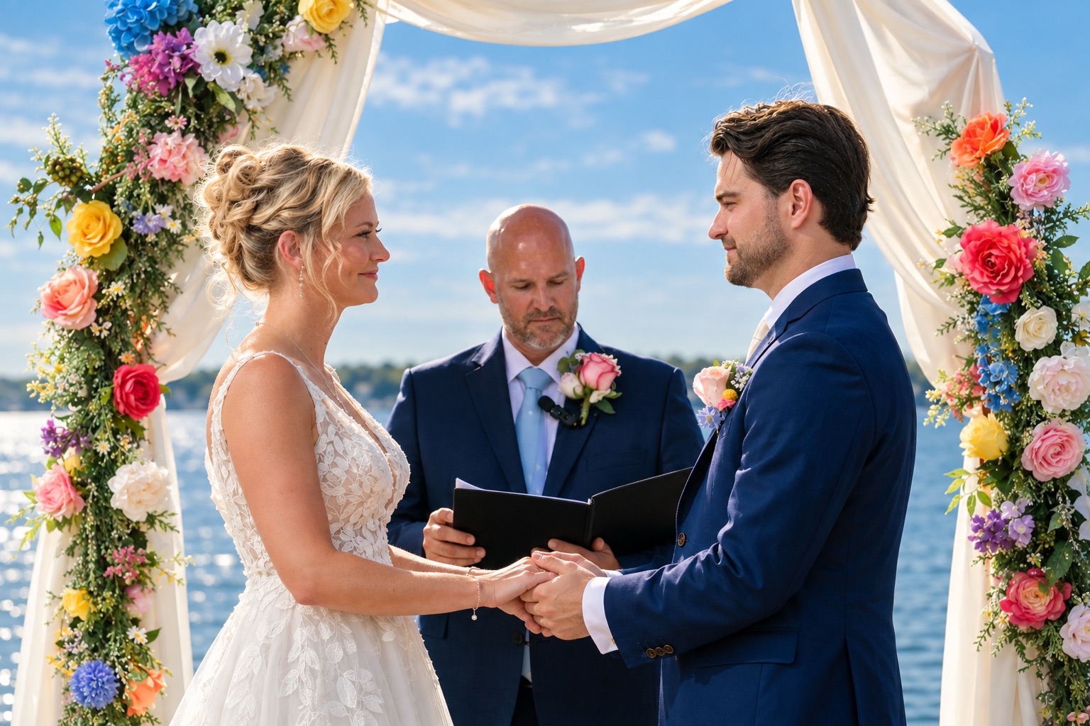 Jaci and Vincent exchange vows at their riverside ceremony in Watertown, Upstate New York