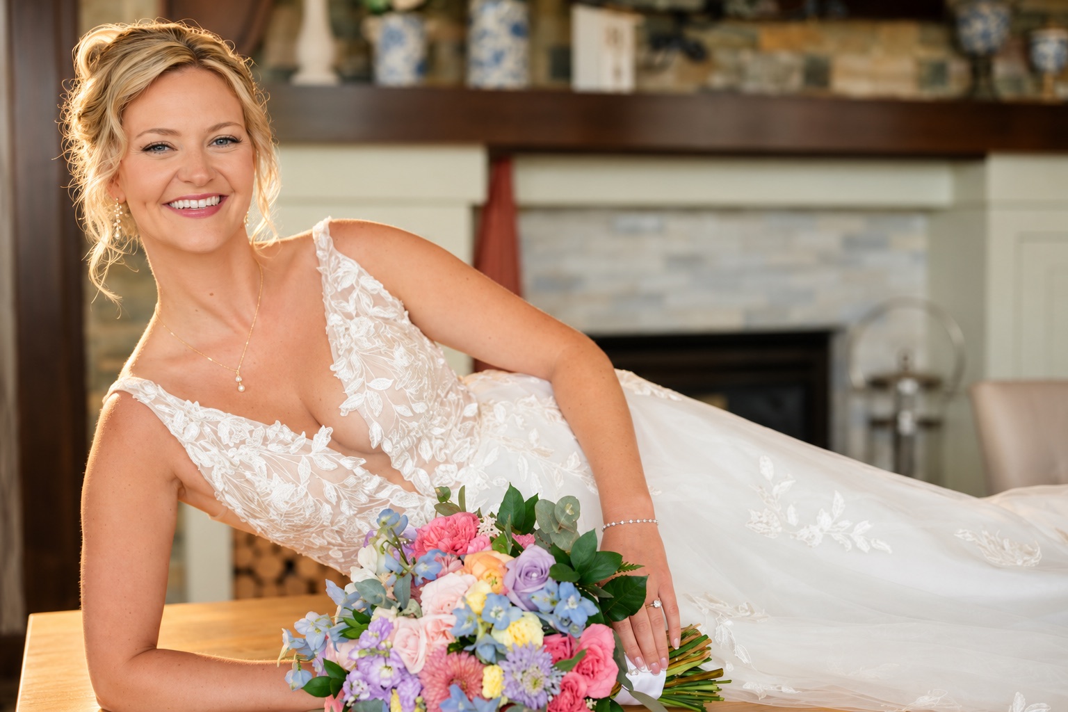 Jaci smiling with her bouquet in Watertown, Upstate New York
