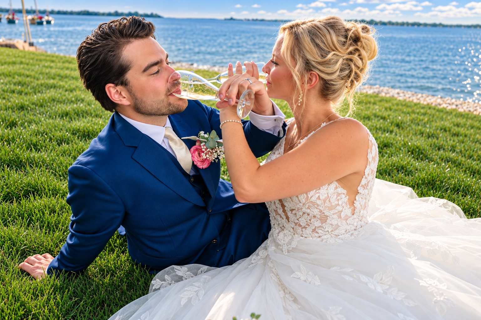 Jaci and Vincent toast with champagne by the water in Watertown, Upstate New York