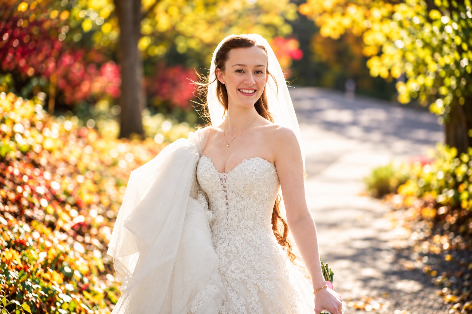 Jenna sur un sentier d'automne ensoleillé
