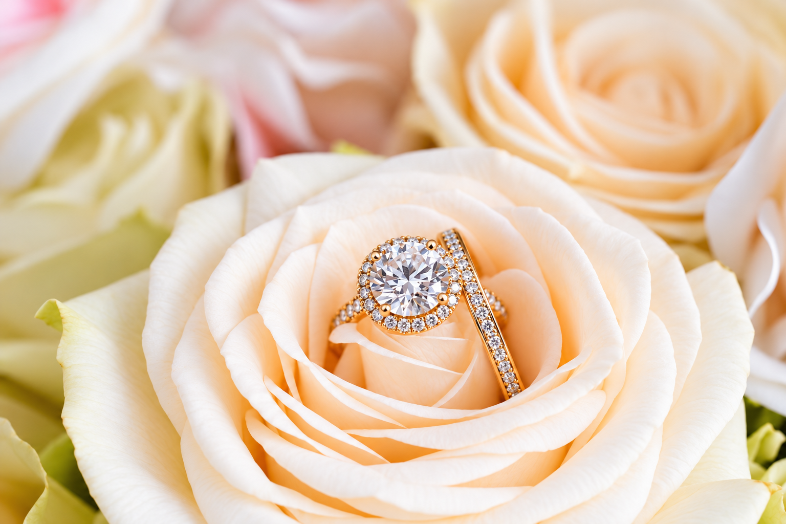 Bagues de diamants nichées dans des roses blush