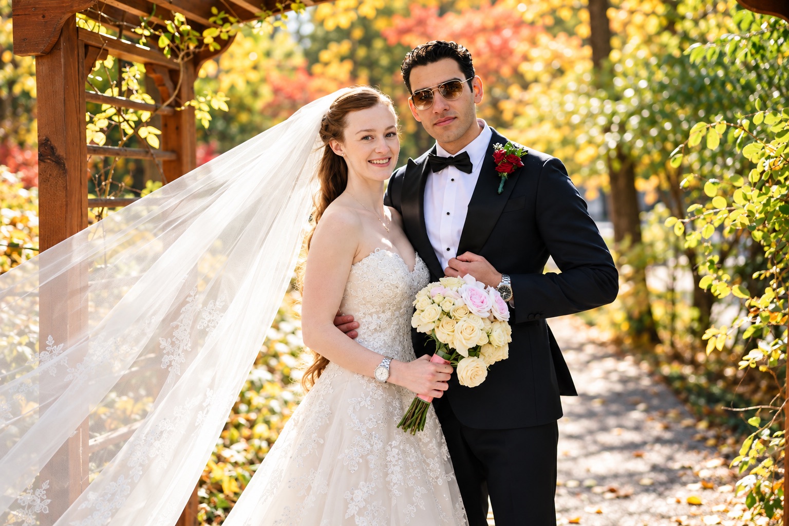 Jenna et Pouya près de la pergola en automne