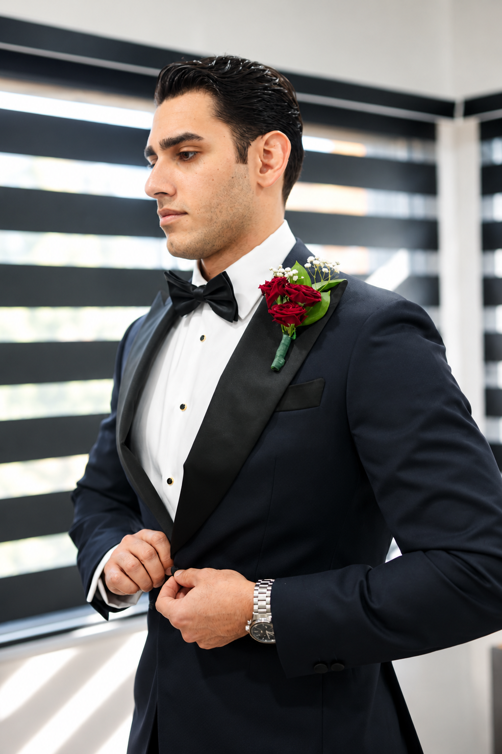 Pouya boutonnant son smoking avant le mariage