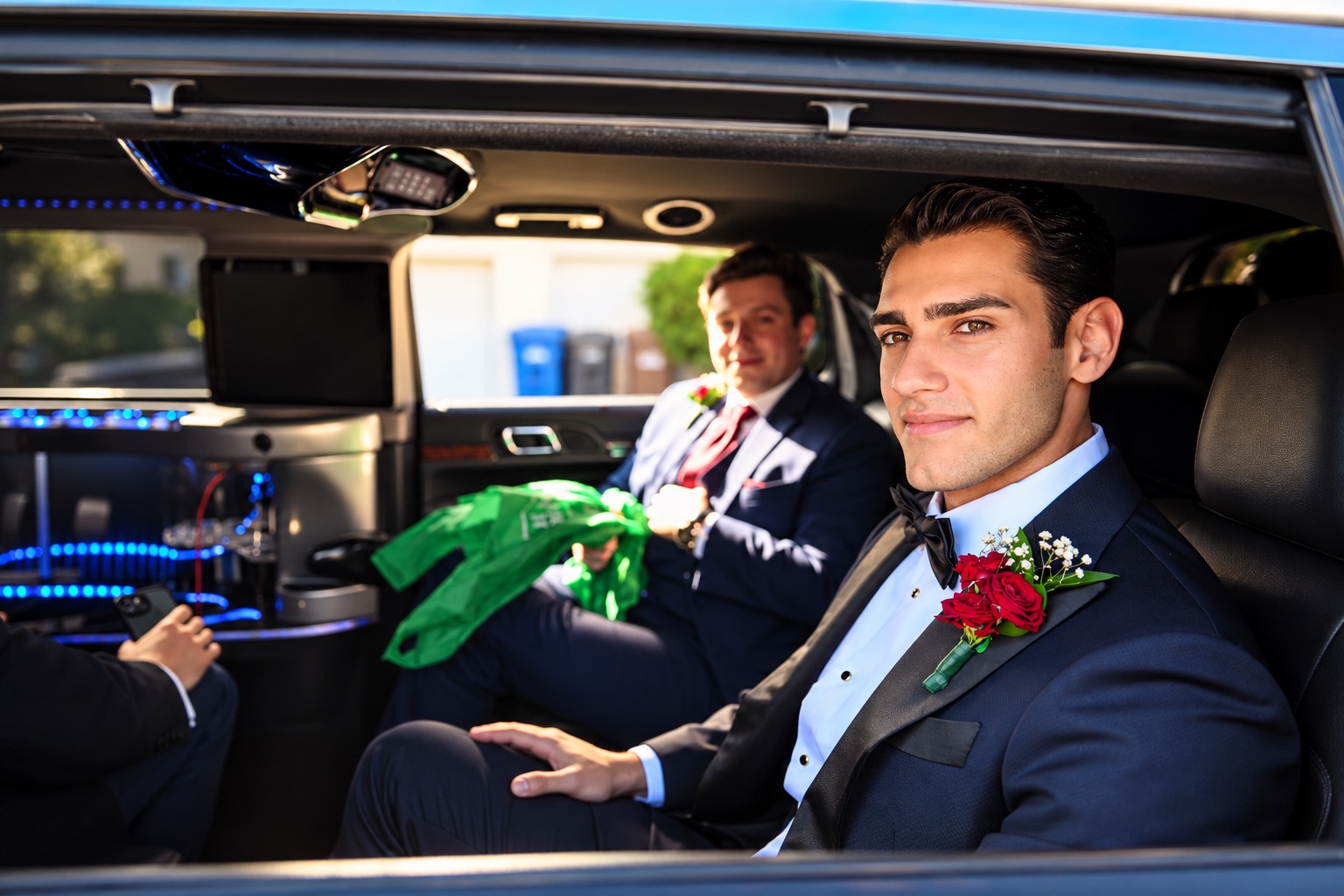 Pouya dans la limousine avant le mariage