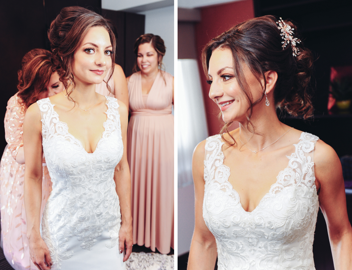 Kristine in her wedding dress with bridesmaids
