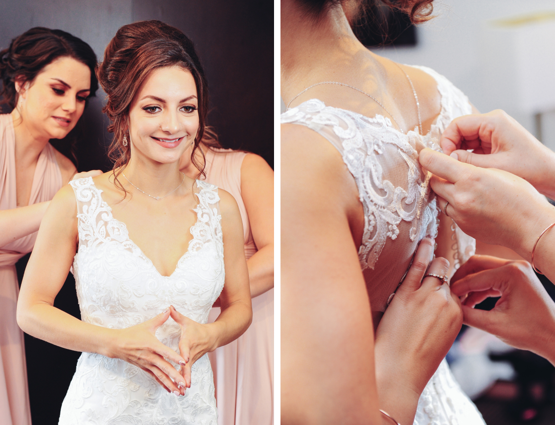 Bridesmaids fastening Kristine's lace wedding dress