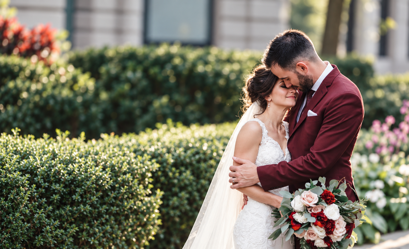 Kristine and Kenneth embracing among hedges