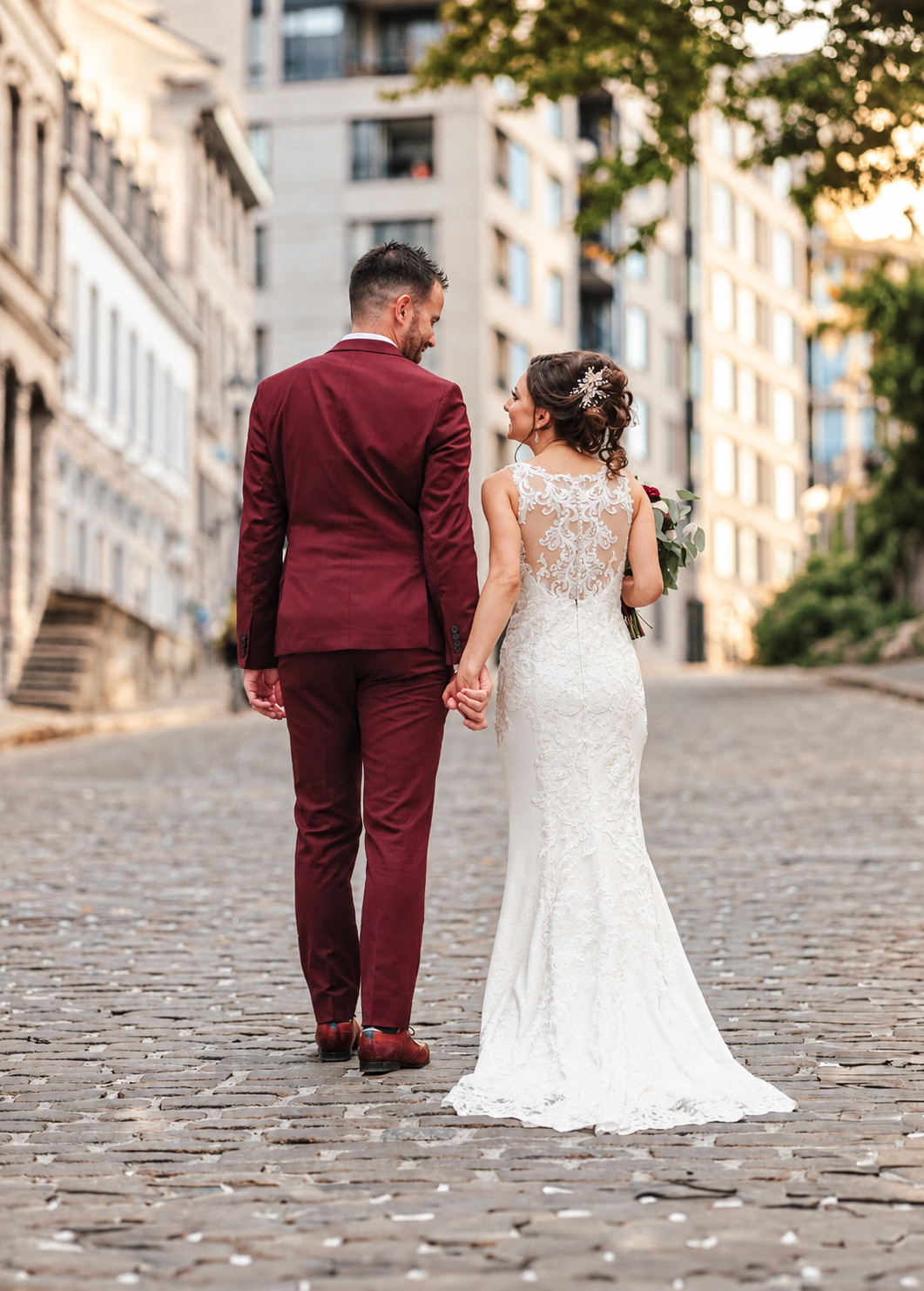 Kristine and Kenneth walking on Old Montreal cobblestones