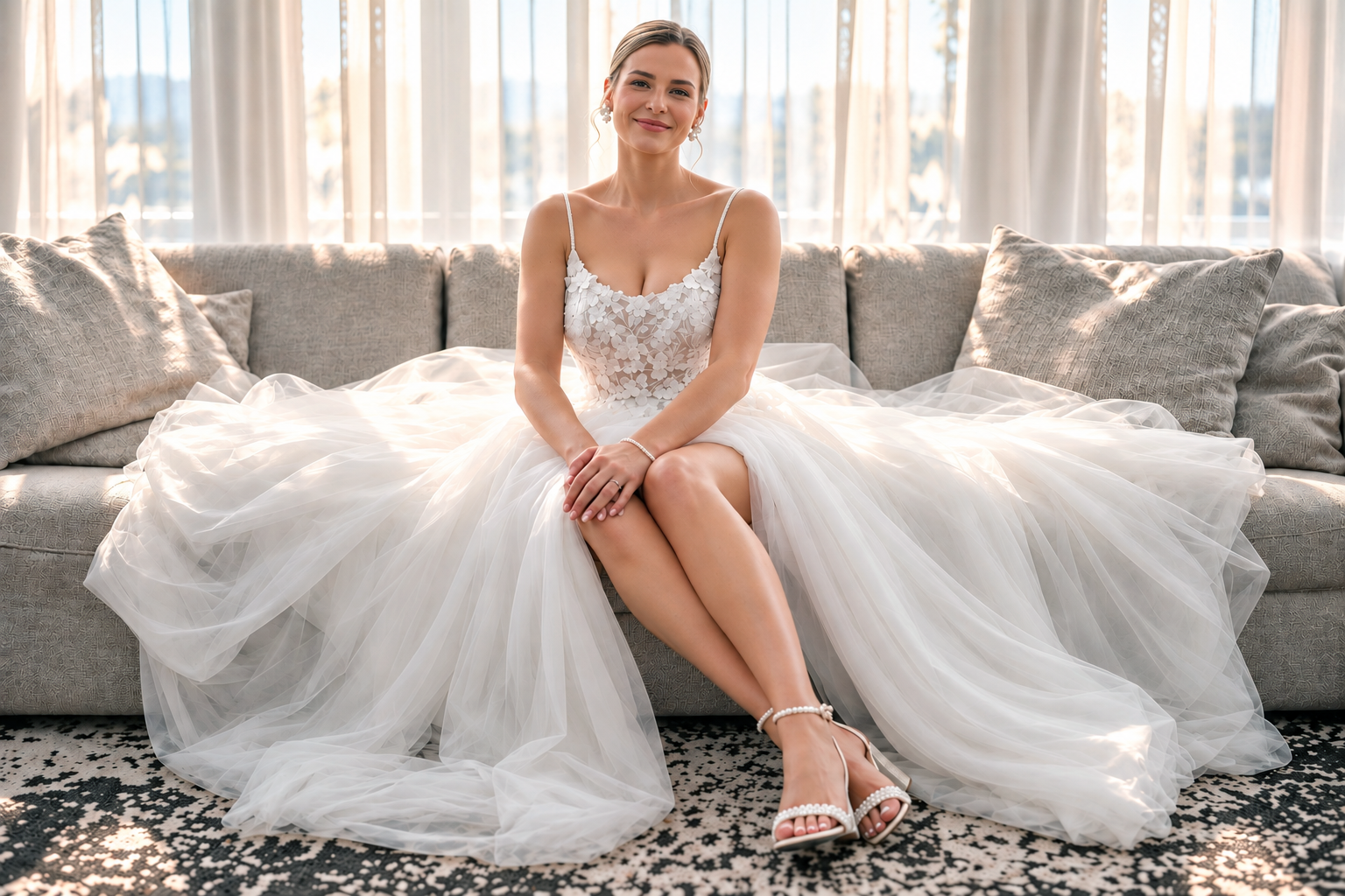 Laurie assise sur le sofa dans la lumière du jour