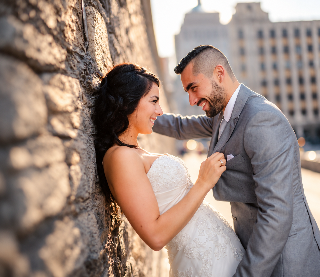 Sara and Kevin against an Old Montreal stone wall