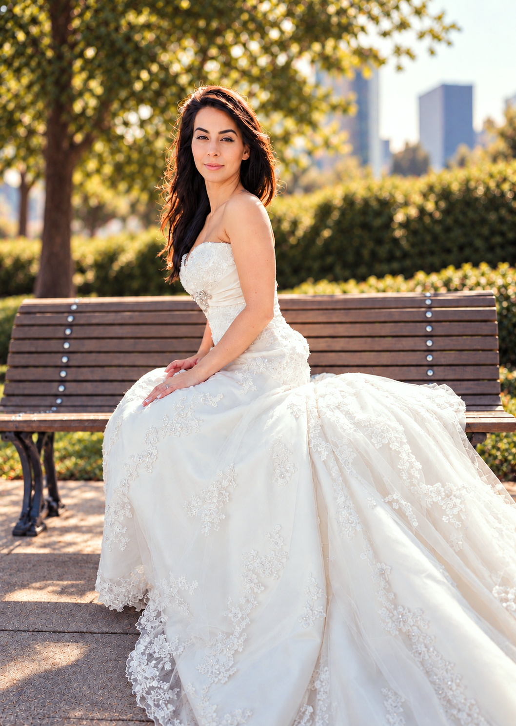 Sara sitting on a park bench in her wedding dress