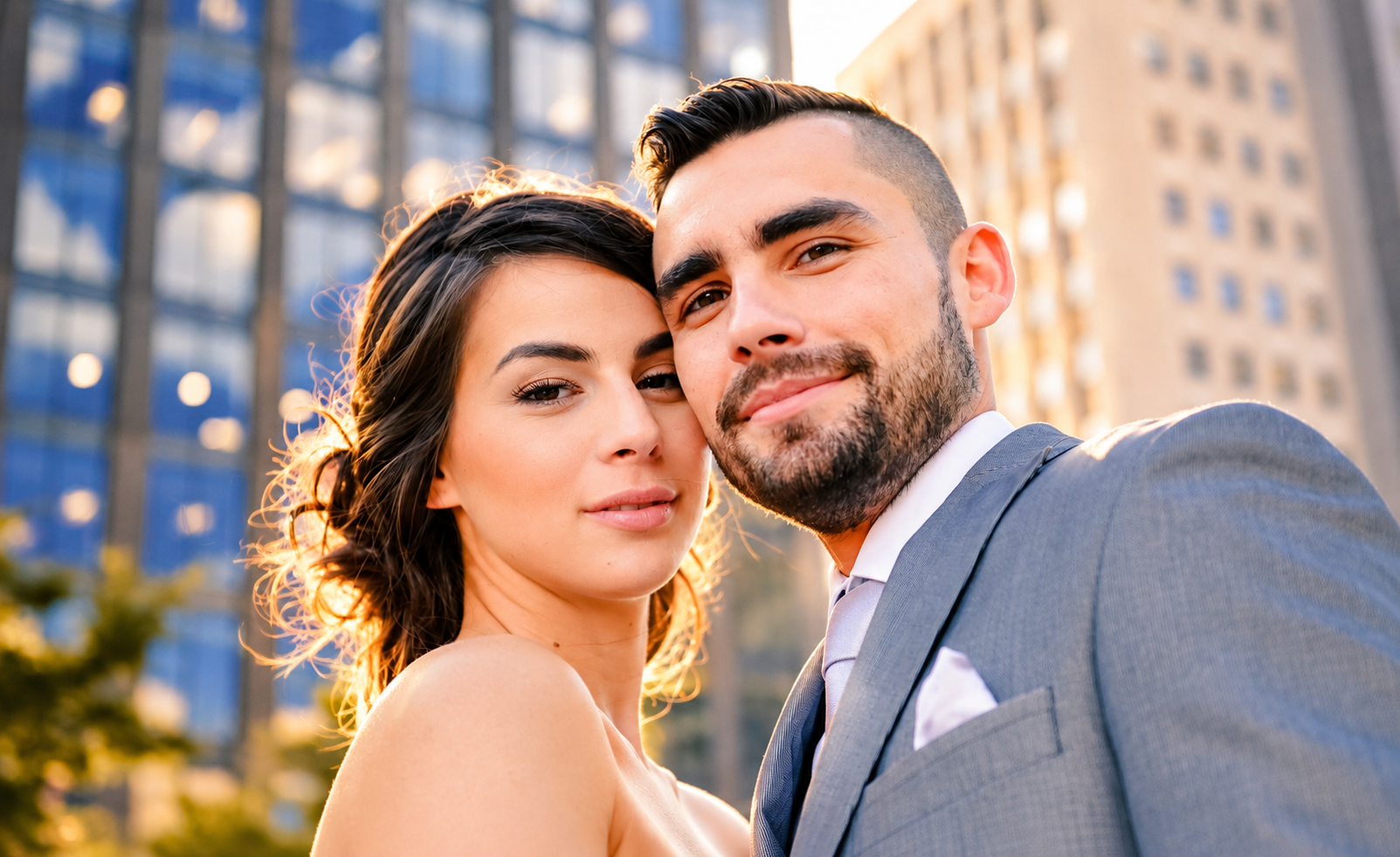Close-up wedding portrait of Sara and Kevin