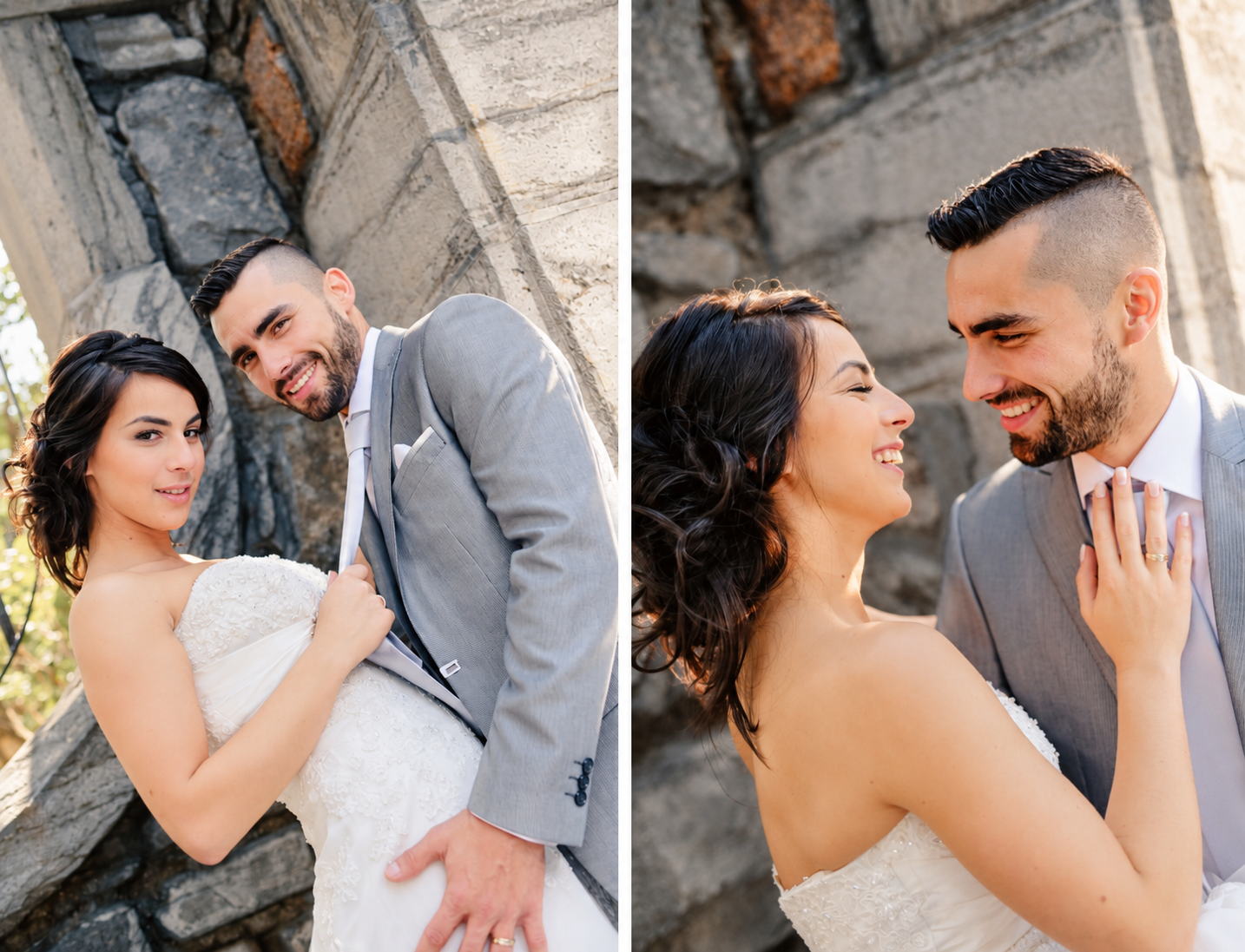 Sara and Kevin laughing against a stone wall