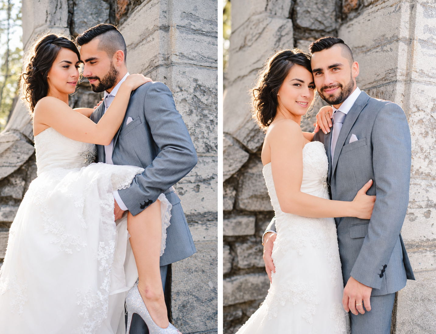 Sara and Kevin portraits against a stone wall