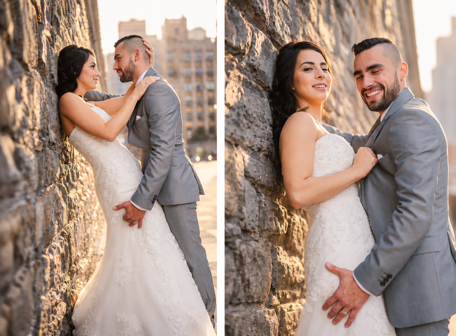 Sara and Kevin portraits against an Old Montreal stone wall