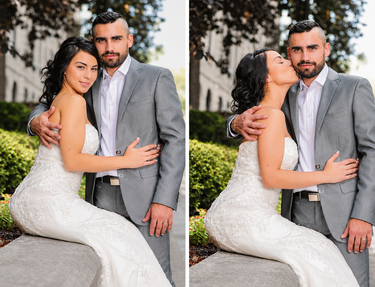 Sara and Kevin portraits on a garden ledge